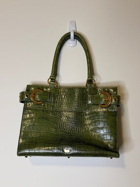 Elaine Turner Olive Green Croc Embossed Satchel Handbag Gold Hardware